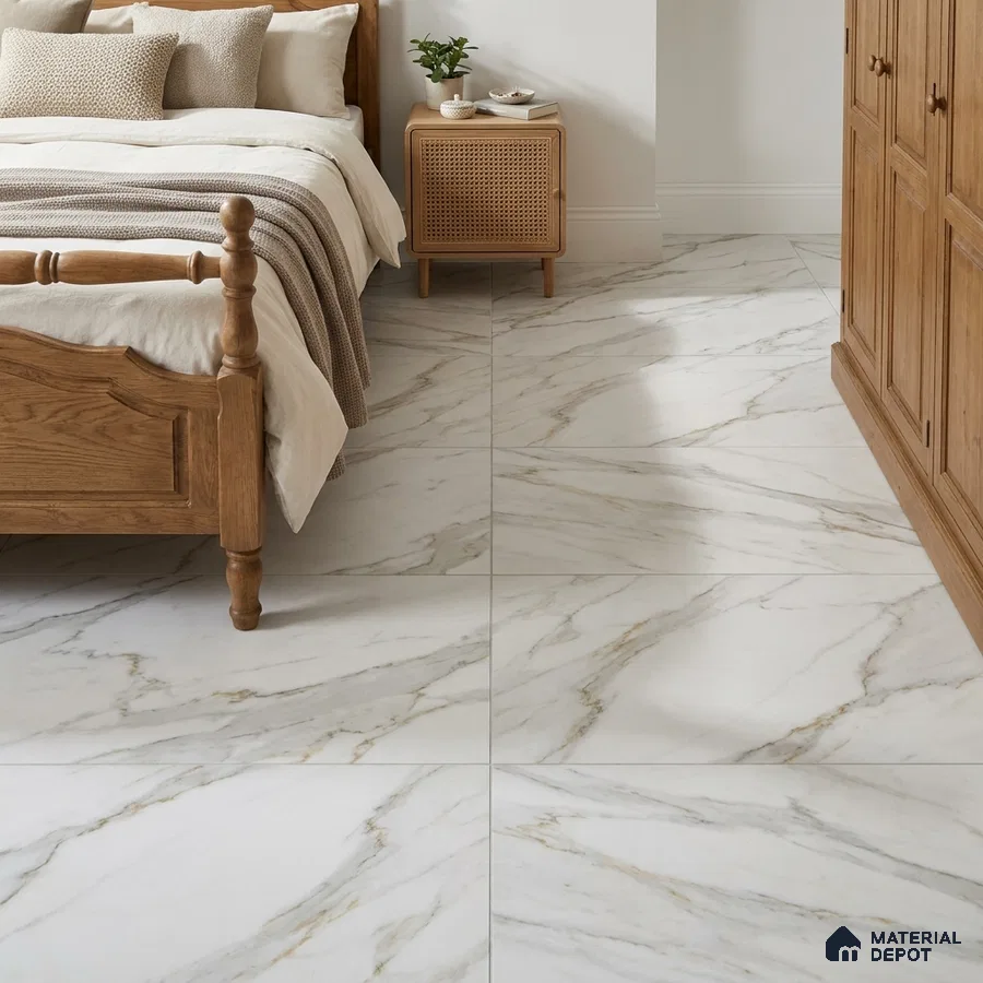 Traditional Bedroom with Calacatta White Marble-Look Floor Tile and Golden Veins