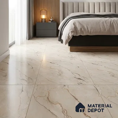 Modern Bedroom with Cream Marble-Look Floor Tile and Golden Veins