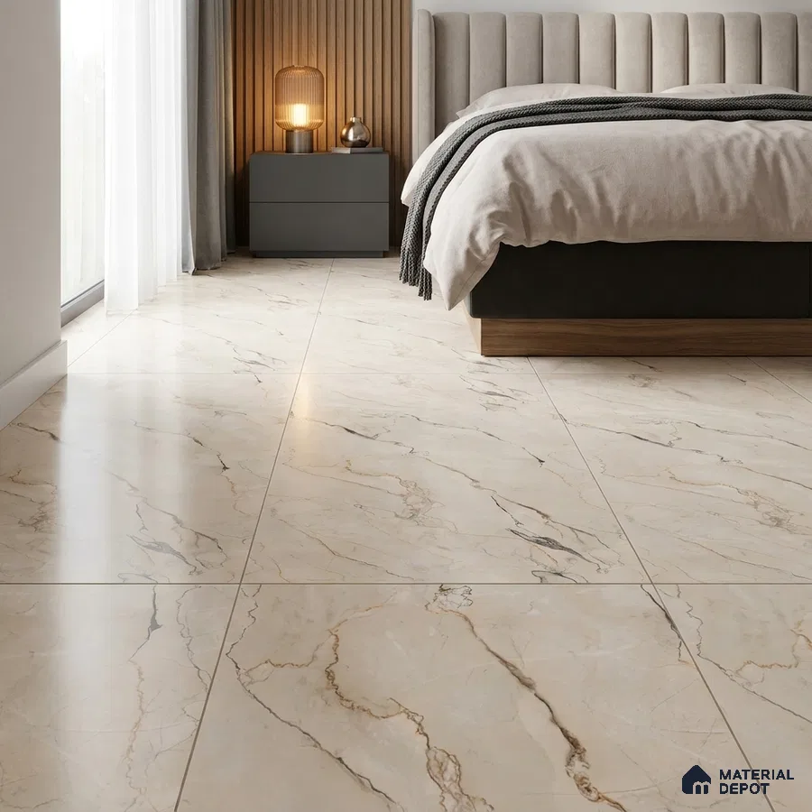 Modern Bedroom with Cream Marble-Look Floor Tile and Golden Veins