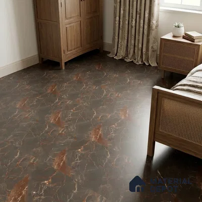 Traditional Bedroom with Dark Brown Marble-Look Floor Tile and Copper Veins