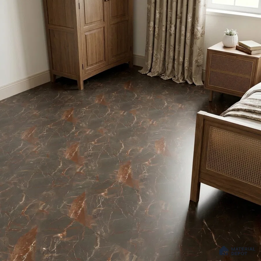 Traditional Bedroom with Dark Brown Marble-Look Floor Tile and Copper Veins