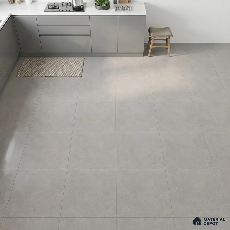 Minimalist kitchen with matte grey laminate cabinets and light grey floor tiles