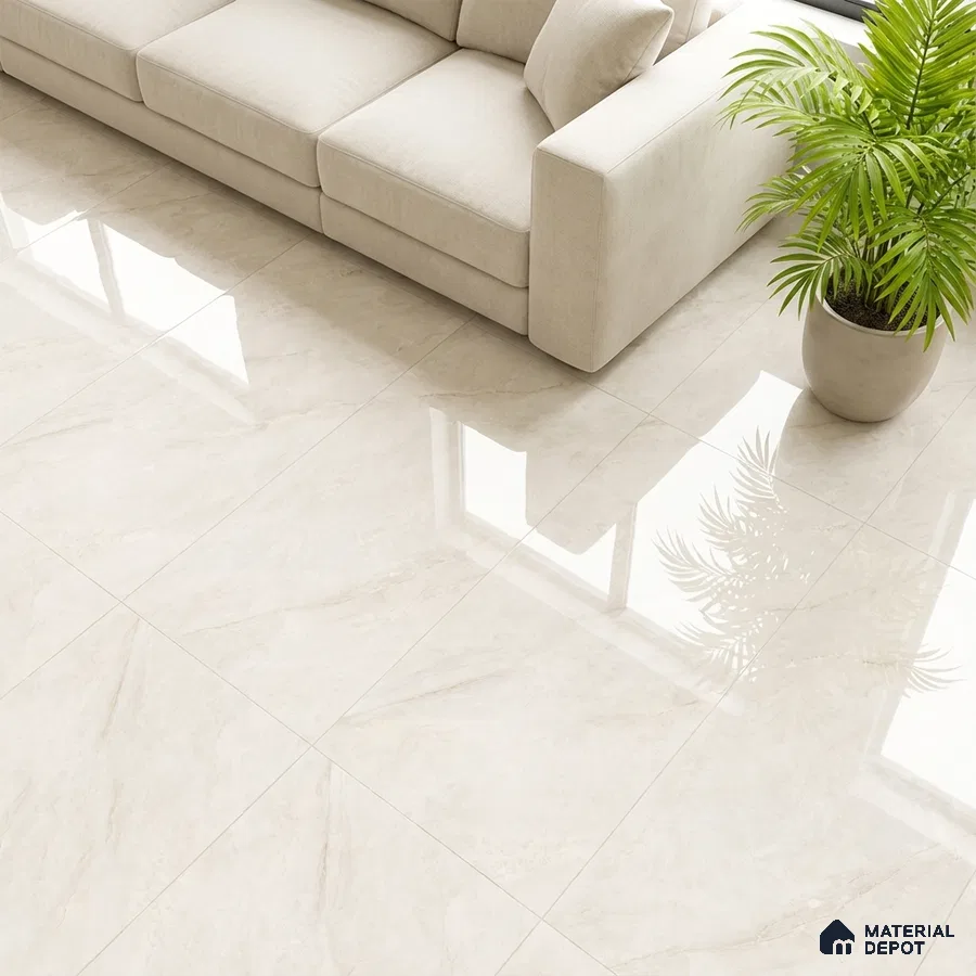 Minimalist living room with glossy beige marble-look floor tiles and cream fabric sofa