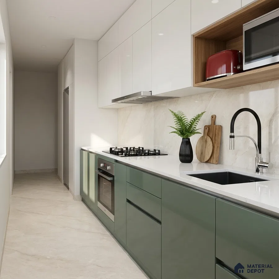 Modern dual tone kitchen with olive green laminate, frosty white laminate, and white marble backsplash