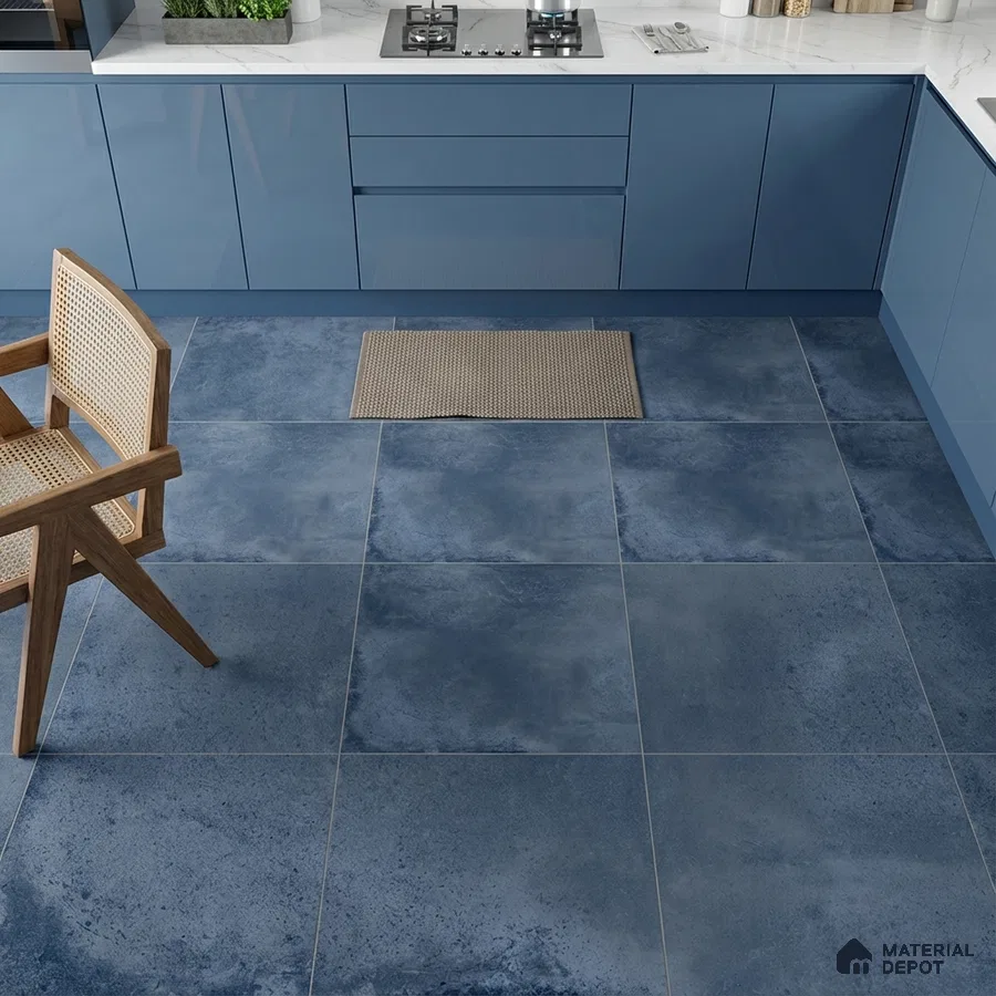 Modern kitchen with blue high gloss laminate cabinets and blue stone-look floor tiles