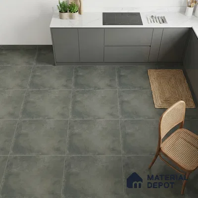 Modern kitchen with grey high gloss laminate cabinets, white marble-look quartz countertop, and grey stone-look floor tiles