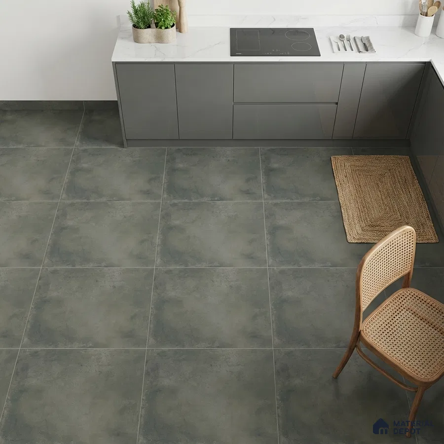 Modern kitchen with grey high gloss laminate cabinets, white marble-look quartz countertop, and grey stone-look floor tiles
