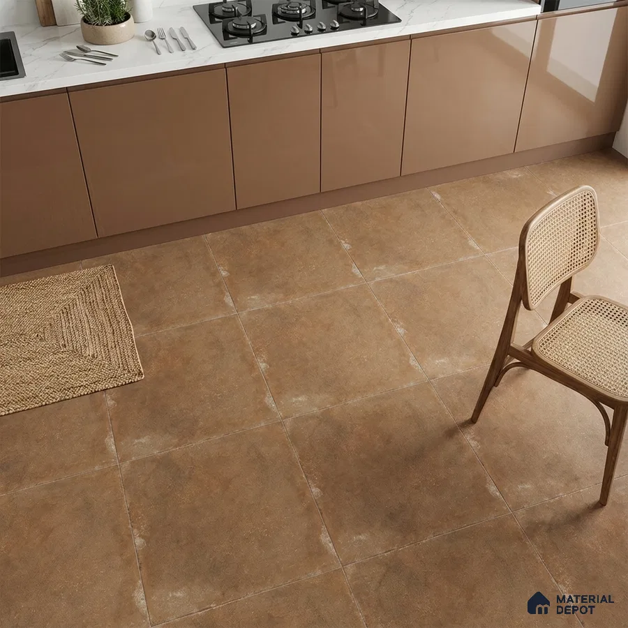 Modern kitchen with glossy cappuccino laminate cabinets, white marble-look countertop, and rustic brown floor tiles