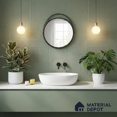 Modern bathroom with sage green geometric wall tiles and matte sage green vanity