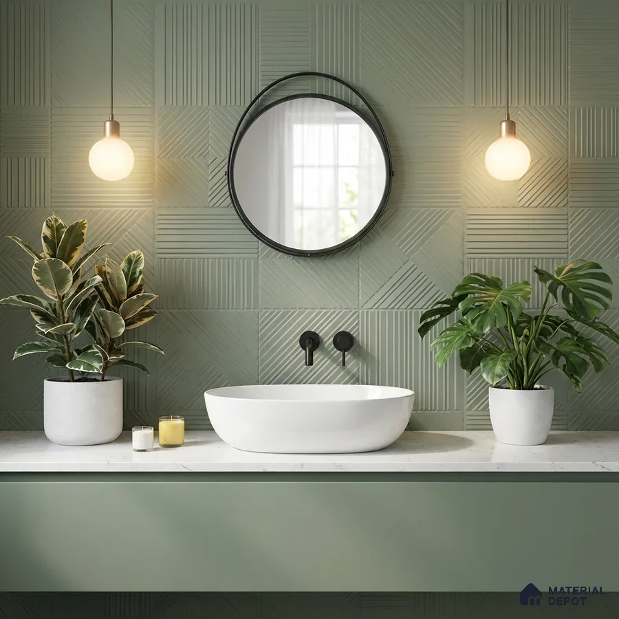 Modern bathroom with sage green geometric wall tiles and matte sage green vanity