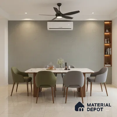 Modern dining room with marble top table, textured grey accent wall, and beige marble floor tiles