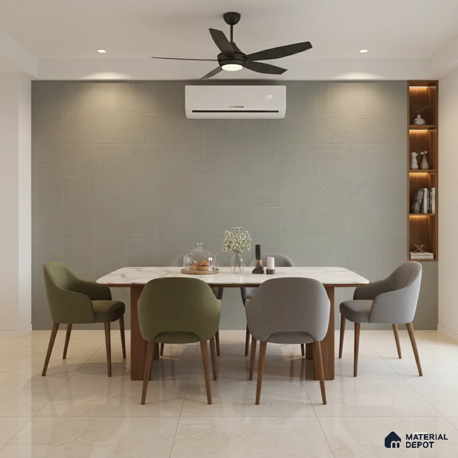 Modern dining room with marble top table, textured grey accent wall, and beige marble floor tiles