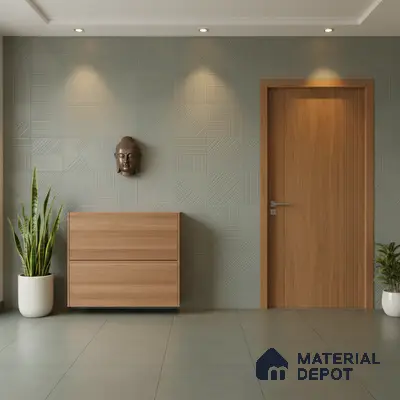 Minimalist foyer with textured geometric wall tiles and light oak laminate console