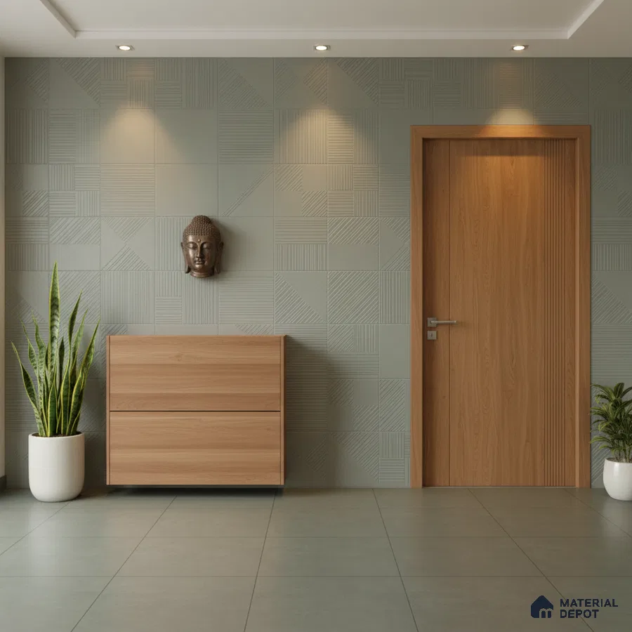 Minimalist foyer with textured geometric wall tiles and light oak laminate console