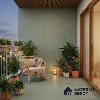 Scandinavian balcony with sage green geometric wall tiles, matte floor tiles, and wooden ceiling panels