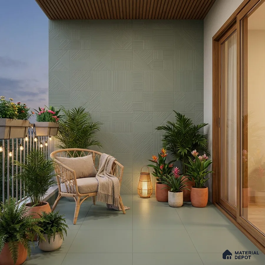 Scandinavian balcony with sage green geometric wall tiles, matte floor tiles, and wooden ceiling panels