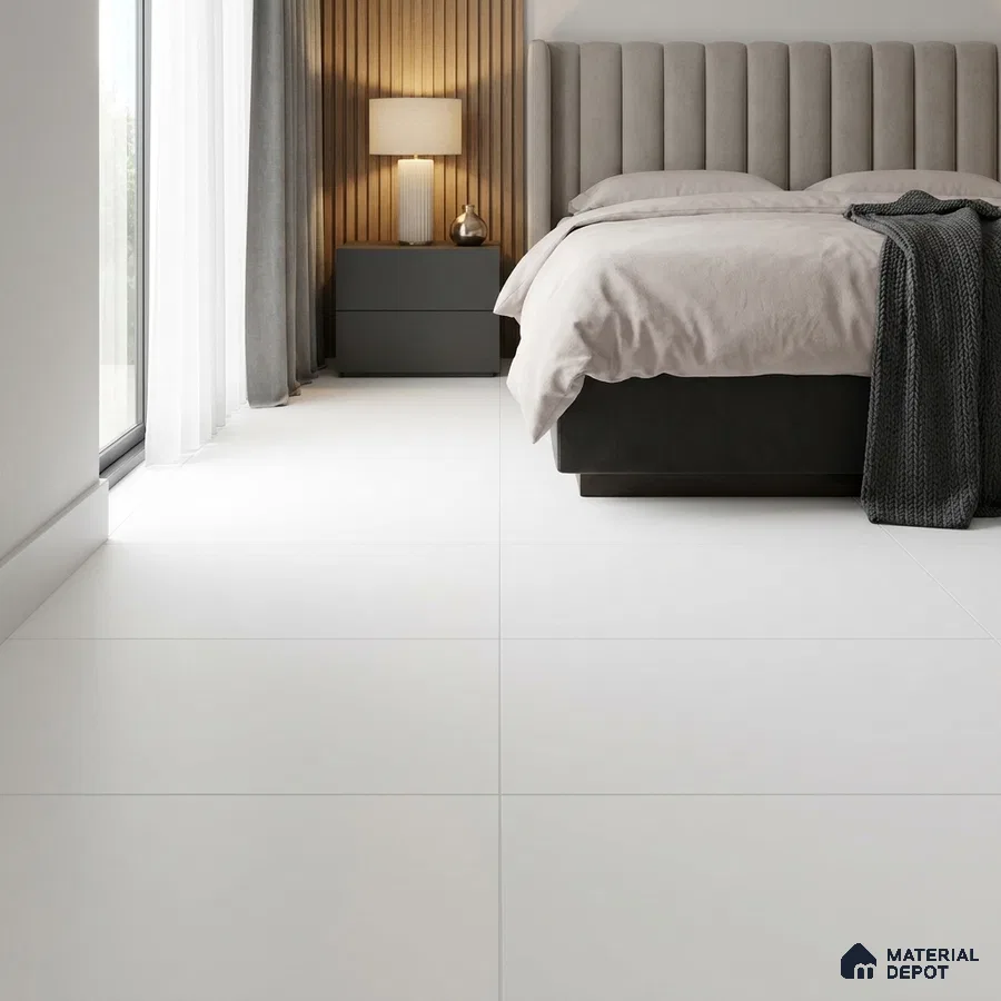 Modern Bedroom with Plain White Matte Floor Tile