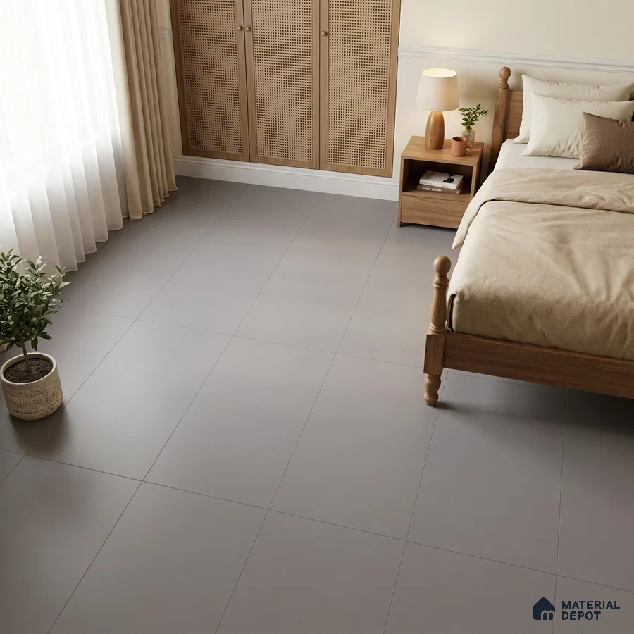 Scandinavian Bedroom with Plain Warm Grey Matte Floor Tile