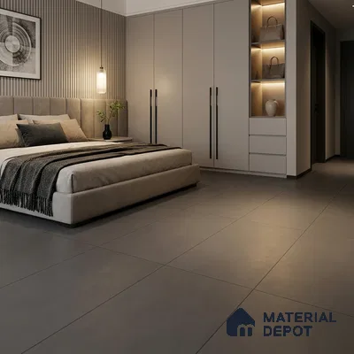 Modern Bedroom with Plain Charcoal Grey Matte Floor Tile
