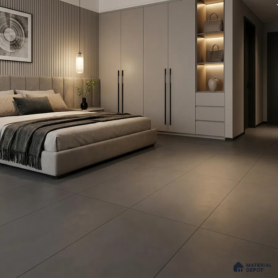 Modern Bedroom with Plain Charcoal Grey Matte Floor Tile
