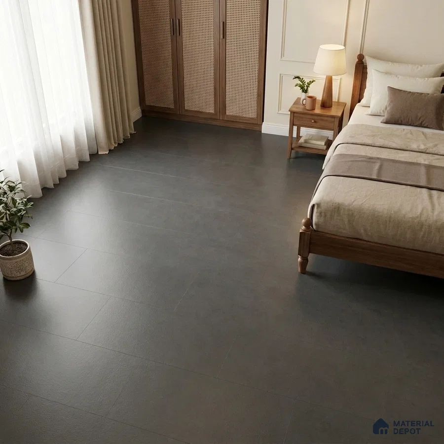 Traditional Bedroom with Plain Charcoal Grey Matte Floor Tile