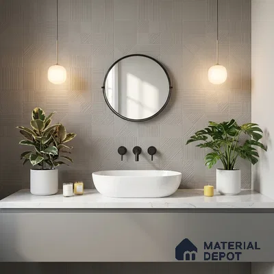 Minimalist bathroom with geometric grey wall tiles and white marble countertop