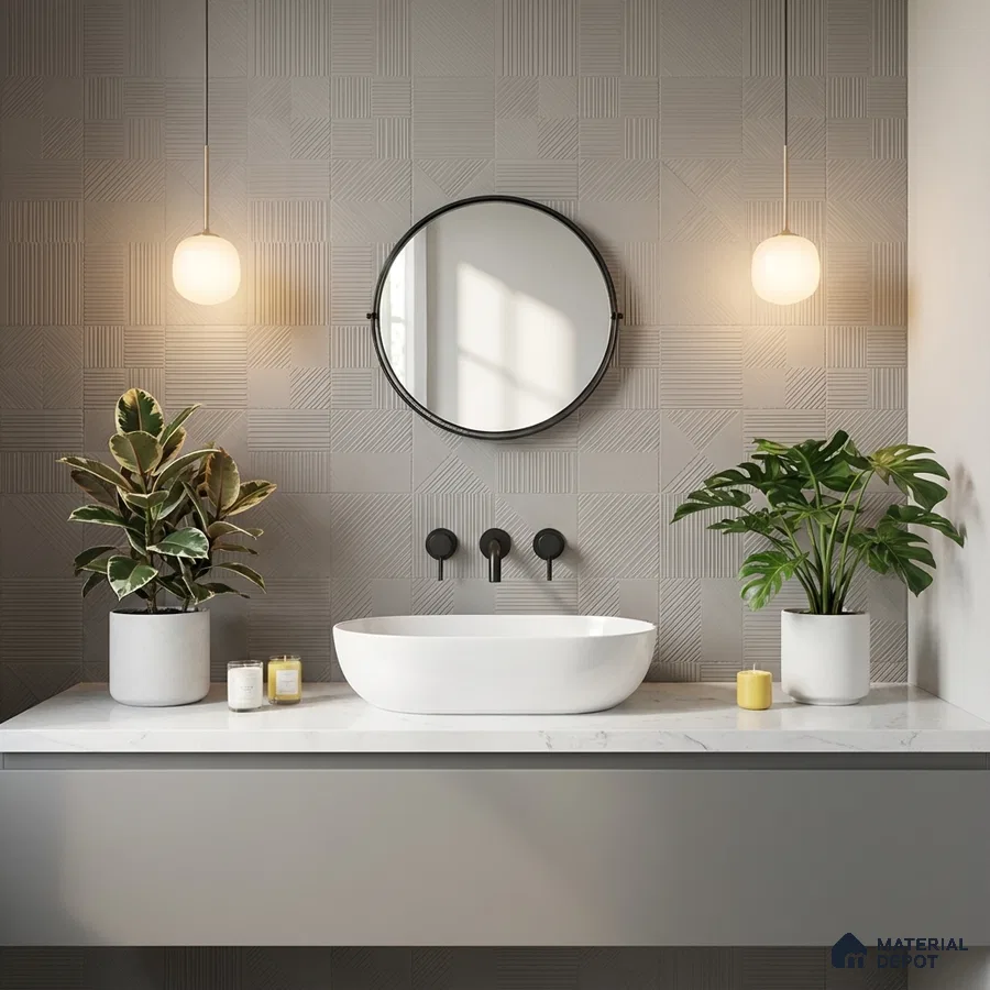 Minimalist bathroom with geometric grey wall tiles and white marble countertop