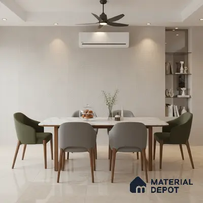 Scandinavian dining room with marble-look tabletop, geometric textured wall panels, and beige marble floor tiles