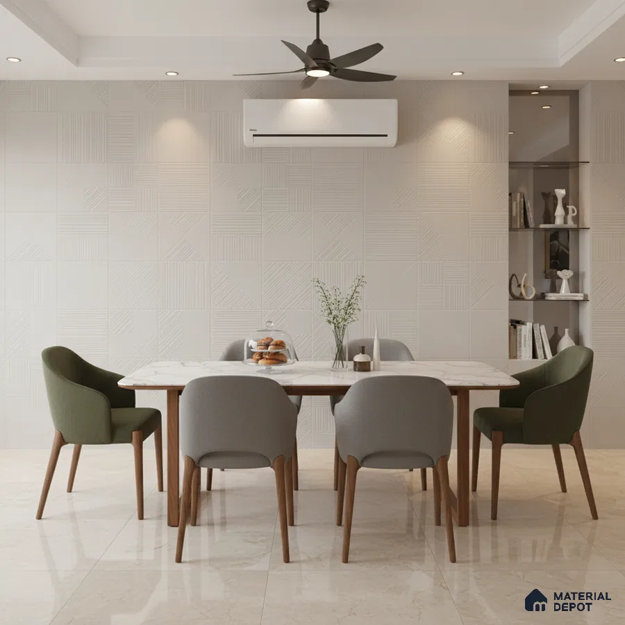 Scandinavian dining room with marble-look tabletop, geometric textured wall panels, and beige marble floor tiles