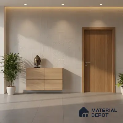 Minimalist foyer with light oak laminate console, geometric textured wall panels, and grey floor tiles