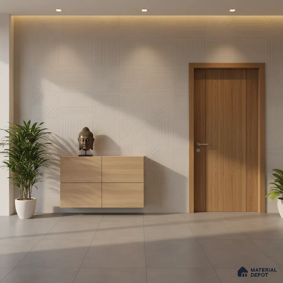 Minimalist foyer with light oak laminate console, geometric textured wall panels, and grey floor tiles