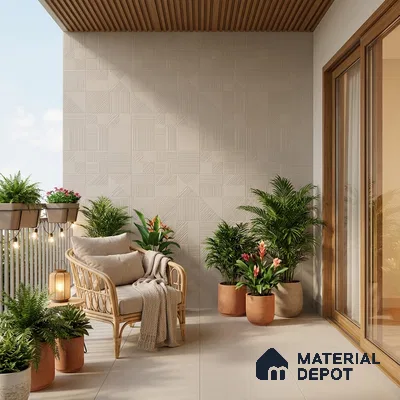 Scandinavian balcony with beige geometric wall tiles, wooden ceiling louvers, and neutral floor tiles