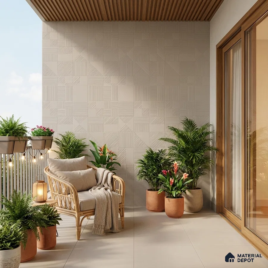 Scandinavian balcony with beige geometric wall tiles, wooden ceiling louvers, and neutral floor tiles