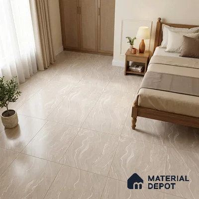 Traditional Bedroom with Cream Travertine-Look Floor Tile