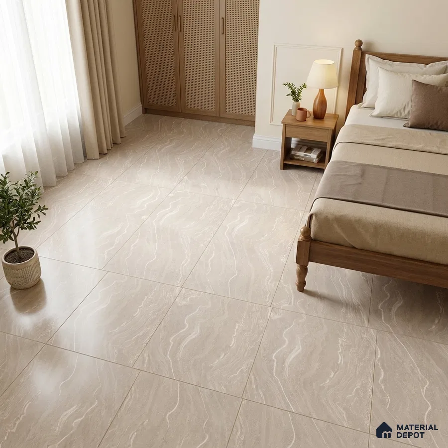 Traditional Bedroom with Cream Travertine-Look Floor Tile