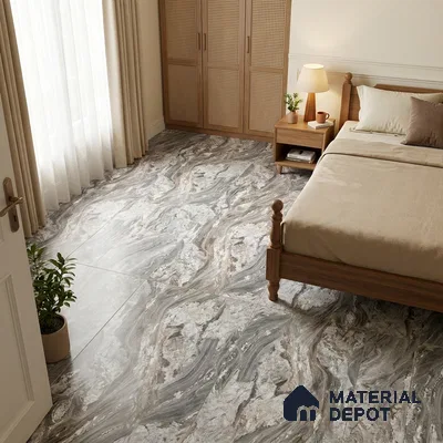 Traditional Bedroom with Grey Bookmatch Marble-Look Floor Tile