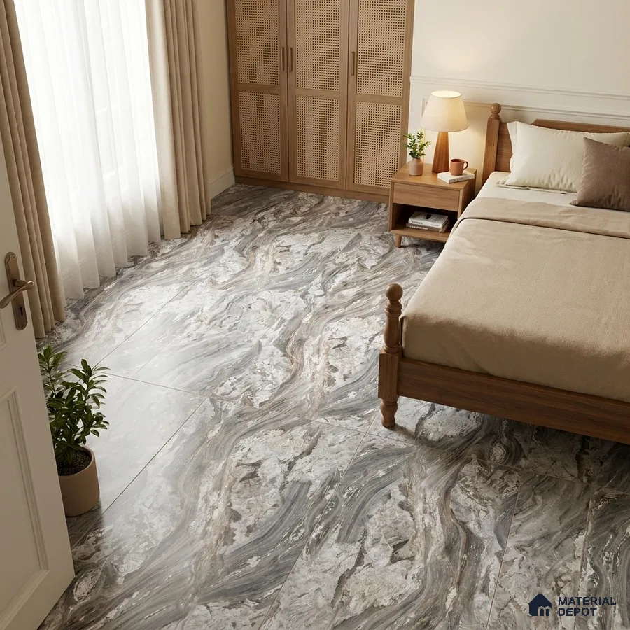 Traditional Bedroom with Grey Bookmatch Marble-Look Floor Tile