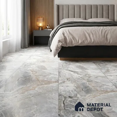 Modern Bedroom with Grey Marble-Look Floor Tile and Golden Veins
