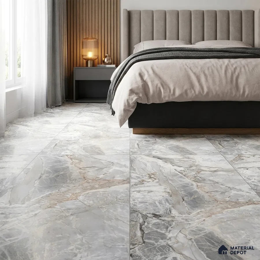 Modern Bedroom with Grey Marble-Look Floor Tile and Golden Veins