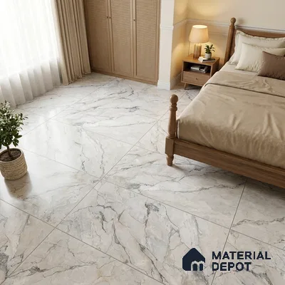 Traditional Bedroom with White Marble-Look Floor Tile and Grey Veins