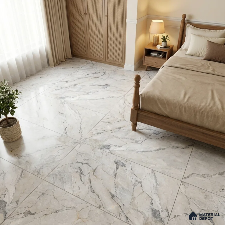 Traditional Bedroom with White Marble-Look Floor Tile and Grey Veins