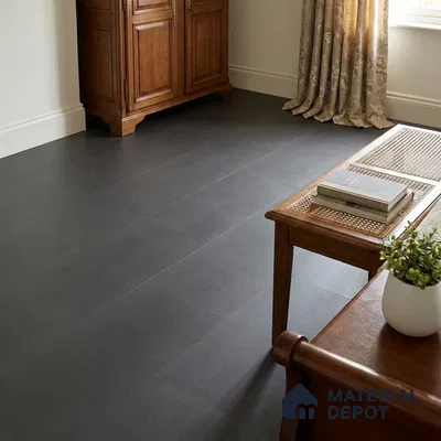 Traditional Bedroom with Plain Charcoal Grey Textured Floor Tile