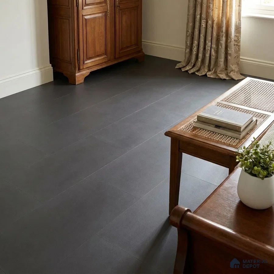 Traditional Bedroom with Plain Charcoal Grey Textured Floor Tile