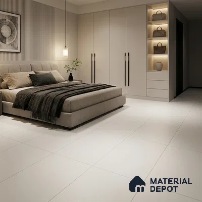 Modern Bedroom with Plain Off White Textured Floor Tile