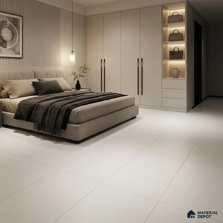 Modern Bedroom with Plain Off White Textured Floor Tile