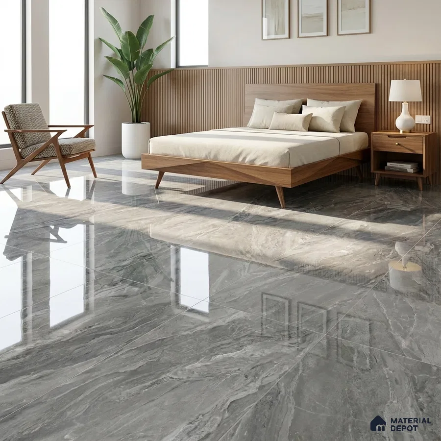 Mid-century Modern Bedroom with Glossy Grey Marble-Look Floor Tile