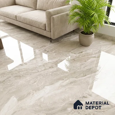 Modern living room with beige marble-look glossy floor tiles and neutral fabric sofa