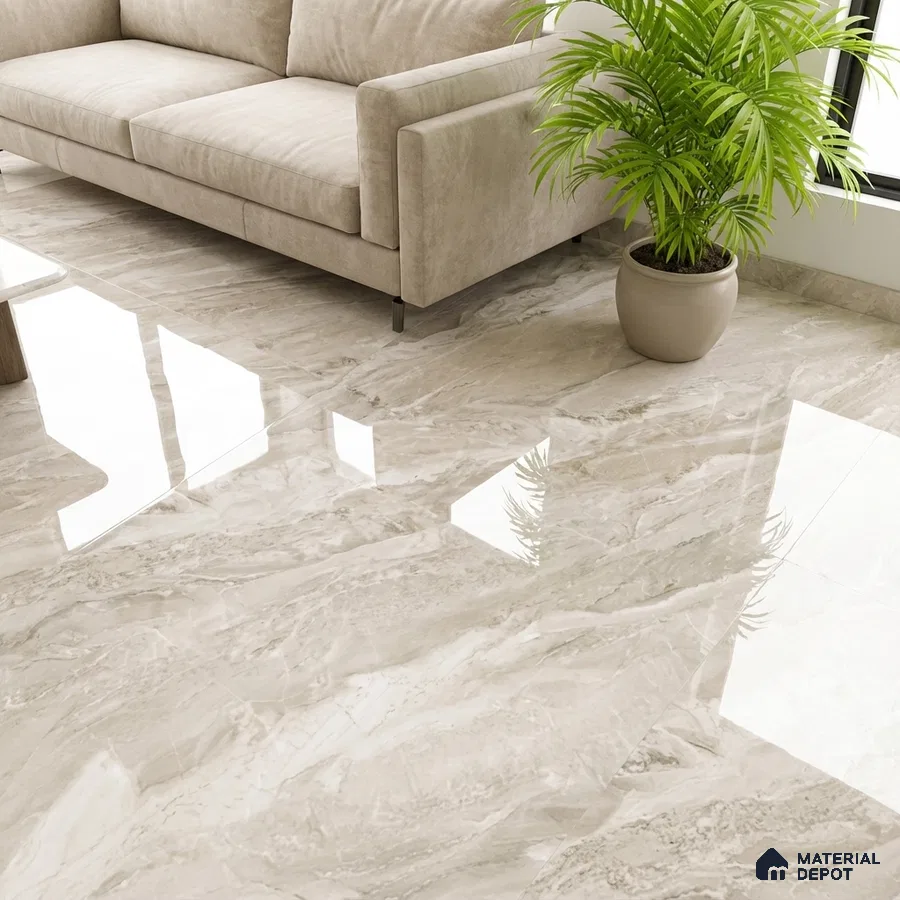 Modern living room with beige marble-look glossy floor tiles and neutral fabric sofa