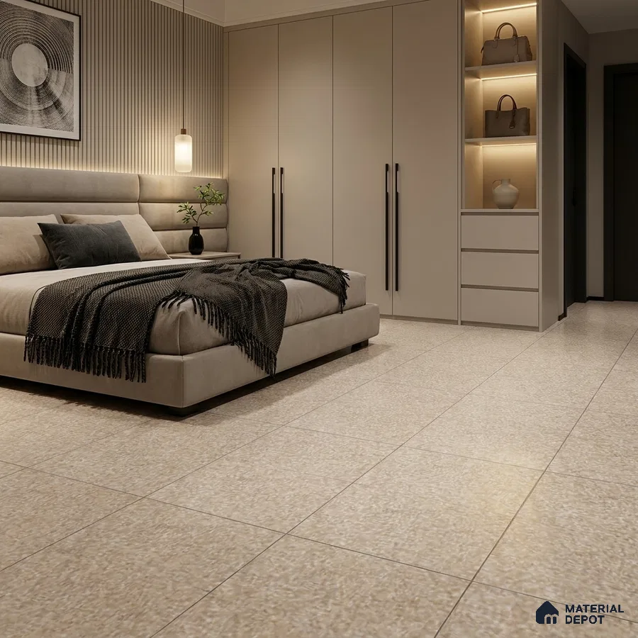 Modern Bedroom with Cream Terrazzo-Look Floor Tile