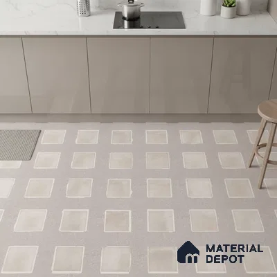 Modern kitchen with taupe high gloss laminate cabinets, white marble countertop, and square patterned beige floor tiles